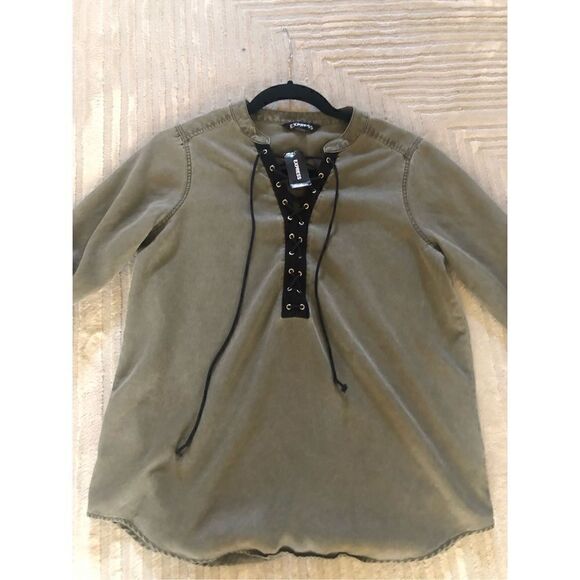 Express Womens Olive Lace Up Front Tassel Long Sleeve Shirt Top Size P/S - Picture 7 of 12